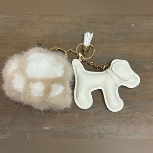 Tan & White Faux Fur Keychain Purse Charm with white Dog Charm & tassel 3.75 in